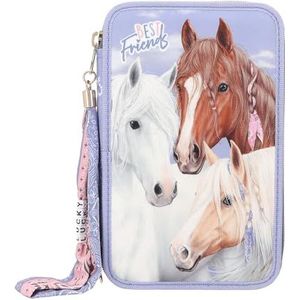 Depesche 12760 Miss Melody Bandana - Gevulde 3-vaks etui met paardenmotief, paarse etui met kleurpotloden, liniaal, schaar en nog veel meer.