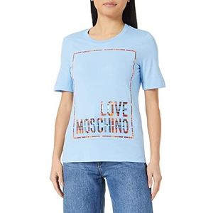 Love Moschino Dames Regular Fit Short-Sleeved with Check Logo Box Shiny Print T-Shirt, Light Blue, 42