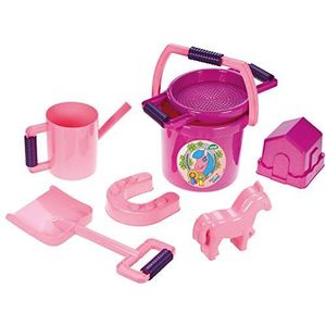 Lena 05445 - Happy Sand speelset pony, zandspeelgoed 7-delig voor kinderen vanaf 2 jaar, strandspeelgoed met emmer, zeef, vormpjes van een huis, paard en hoefijzer, grote zandschep en oliekan, roze