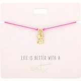 Depesche 11837-001 - Armband in roze ""Life is better with a cat"" met gouden bedel en decoratieve parel, variabele lengte, ideaal als geschenkidee
