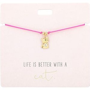 Depesche 11837-001 - Armband in roze ""Life is better with a cat"" met gouden bedel en decoratieve parel, variabele lengte, ideaal als geschenkidee