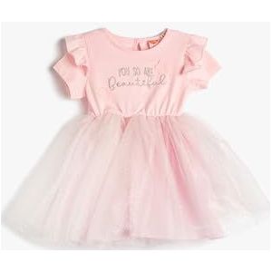 Koton Meisjes tule rok ruffle korte mouw katoen geborduurd detail jurk, roze (274), 3-4 Jahre