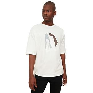 Trendyol Men's ECU heren korte mouwen oversized fit 100% katoen bedrukt T-shirt, ecru, medium