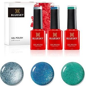 Bluesky Gel Nagellak Set, Crystal Teals, Seabed Pch40, Glacial Mist 80612, Electric Glitter Blue Lt065, 3 x 5 ml, Shimmer, Blauw, Groen, (vereist uitharding onder UV of LED-lamp)