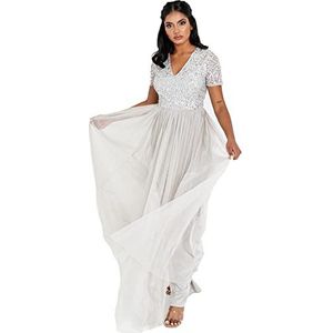 Maya Deluxe Damesjurk voor bruiloftsgast, grote maten, Empire hoge taille, pailletten, korte mouwen, avondbruidsmeisje, Zacht Grijs, 34