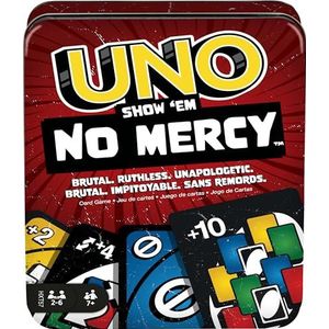 Mattel Games UNO Toon Geen Genade, kaartspel in opbergblikje (ook handig voor onderweg) voor kinderen, volwassenen en spelletjesavonden, met extra kaarten, speciale regels en strengere straffen,HXT57