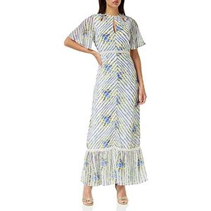Hope & Ivy De Hedda Maxi-jurk met fladdermouwen voor dames, met kanten rand en halslijn uitgesneden uitsparingen voor speciale gelegenheden, Blauw/Wit, 36