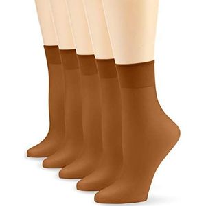 Nur Die Set van 5 sokjes zijdefijn 15 denier transparant nylon fijne sokken zijdeachtig glanzend brede comfortabele band dames, Brons, Eén Maat
