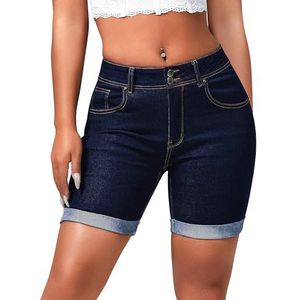 roswear Women's Mid Rise Skinny Butt Lifting Stretchy Bermuda Jeans Shorts Dark Blue Large