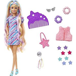 Barbie pop met Eindeloos Lang Haar en sterrenthema, fantasiehaar van 21,6 cm lang, jurk, 15 speelaccessoires voor haar en kleding (8 met kleurverandering) voor kinderen van 3 jaar en ouder, HCM88