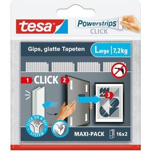 tesa Powerstrips CLICK - Zelfklevende Strips voor Vast- en Losklikken van Fotolijsten en Wanddecoratie zonder te Boren - Kleefstrips met ON en OFF Kliksysteem - Large - 16 x 2 Stuks
