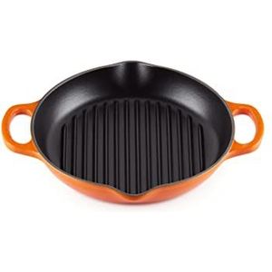 Le Creuset Signature geëmailleerde gietijzeren diepe ronde grillpan met hulpgreep, voor alle soorten kookplaten en ovens, 25 cm oranjerood