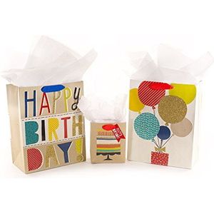 Hallmark Verjaardagscadeau Bag Assortiment (Pack van 3: 2 grote 13"", 1 kleine 6 inch) wit en Kraft, ballonnen en taart