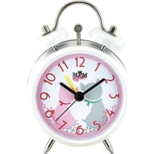 MPM Quality White Girl Alarm Clock Wekker, wit/roze, stijlvolle kinderwekker van metaal voor meisjes met kattenmotief in de wijzerplaat, alarmversterking, kwartsuurwerk, modern design