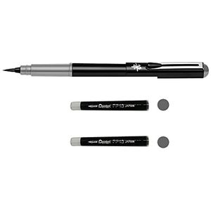 Pentel GFKPN Pocket Brush Pigmentpenseelstift voor kalligrafie, schetsen, tekeningen, grijs + 2 patronen