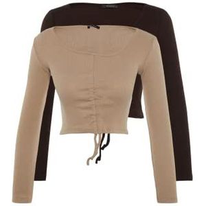 Trendyol Dames getailleerde asymmetrische V-hals gebreide blouse, BROWN-BEIGE, S