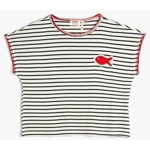 Koton Girls T-shirt met ronde hals, korte mouwen, visapplicatie, ecru streep (0s1), 4-5 Jaar