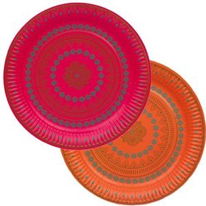 Diwali Papieren borden | Recyclebare gerechten voor Eid Celebration| Serveerschalen Wegwerp Servies voor Bollywood Thema Party Mandala/Henna/Rangoli Design roze oranje Premium Feel Pack van 12