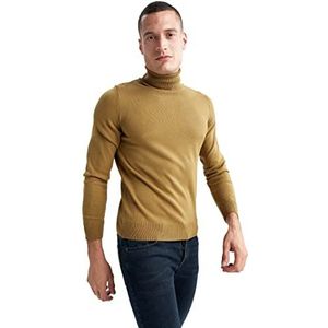 DeFacto Heren gebreide trui met lange mouwen en ronde hals sweater - slim fit trui voor heren tops (kaki, XXL), kaki, XXL