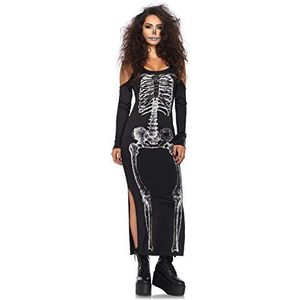 Leg Avenue 85565 - Kalte Schulter Kleid mit Seitenschlitz mit Skelett Druck, Damen Fasching, XL, schwarz/weiß