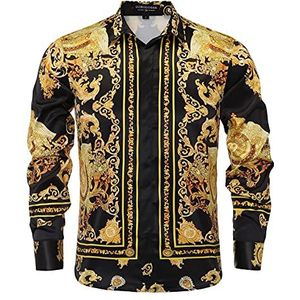 Luxe herenmerk, gedrukt zijdeachtig satijnen shirt met knopen voor feestjes, schoolbal, lange mouwen, nauwsluitende pasvorm, bloemenmotief, nachtclubshirt, 3XL