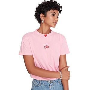 Trendyol Dames poederborduursel opstaande kraag basic gebreid T-shirt, poeder roze, klein