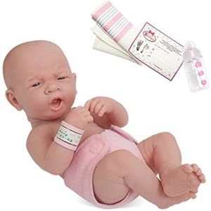 JC Toys 18505 18503 Baby Doll La Newborn First Tear Pop in Luier met Fles en Deken. Gesloten Ogen. ECHT Eerste Geeuwen Real Meisje, 35,56 cm
