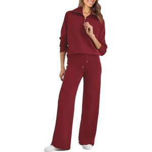 Glamaker 2-delige sweatsuitset voor dames, oversized sweatshirt met halve ritssluiting, joggingbroek met wijde pijpen, loungeset, trainingspak, Bourgondy, L