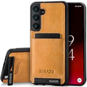 SURAZO Premium echt lederen achterkant voor Samsung Galaxy S24 Plus, stootvast lederen telefoonhoes met [kaartenvak, standfunctie, sleutelhanger] vintage slim bumper beschermhoes (camel)