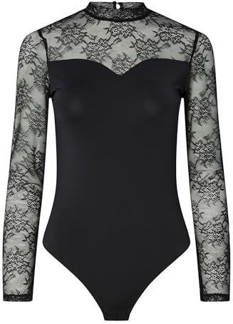 PIECES Pcmilly Ls Lace Bodystocking Noos, zwart, M