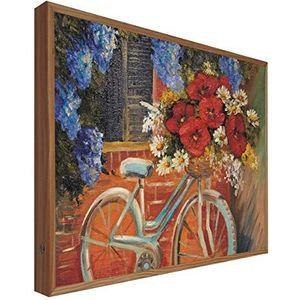 Houten bord met achtergrondverlichting, fiets met bloemen