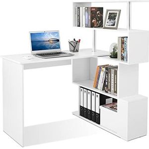 Meerveil Computertafel L-vormig, hoekbureau, met 360 graden draaibare boekenkast voor werkkamer, woonkamer, kantoor, 157 x 45 x 130,5 cm, wit