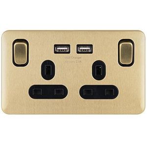 Schneider Electric Lisse Deco GGBL30202USBABSBS Dubbel stopcontact met USB-oplaadpoorten, 13 A, geborsteld messing met zwart inzetstuk