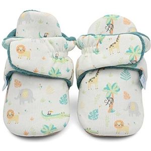 Dotty Fish Katoenen Babyschoentjes met Warme Wollen Voering. Eerste Winterschoenen. Verstelbare Pantoffels. Zachte Antislip Zool. Beige met safaridieren. 0-6 maanden.