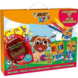 BIC Kids Pennenset Monster & Aliens, creatieve set voor kinderen: 12 kleurpotloden, 12 viltstiften, 12 waskrijten en 2 kleurboeken
