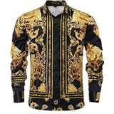 Heren Luxe Merk Gedrukt Zijde Zoals Satijn Button Down Jurk Shirt voor Party Prom Lange Mouw Slim Fit Bloemen Nachtclub Shirt, Veelkleurig16, L