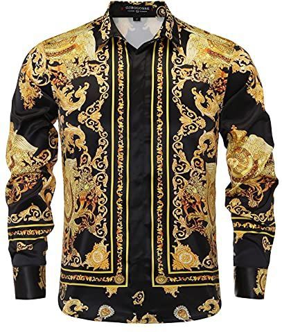 Heren Luxe Merk Gedrukt Zijde Zoals Satijn Button Down Jurk Shirt voor Party Prom Lange Mouw Slim Fit Bloemen Nachtclub Shirt, Veelkleurig16, L