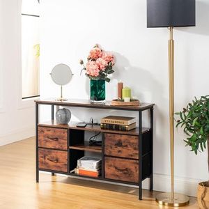 FurnitureR Commode met laadstation en ledverlichting, lange zwarte commode voor slaapkamer met 4 stoffen laden, brede tv-standaard voor woonkamer met open plank, metalen frame, houten plaat