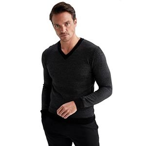 DeFacto Heren gebreide trui met lange mouwen ronde hals sweater - slim fit trui voor heren tops (zwart, L), zwart, L