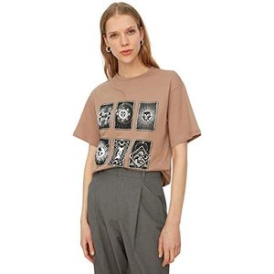 Trendyol Dames oversized standaard brei T-shirt met ronde hals, Mink Kleur, XS
