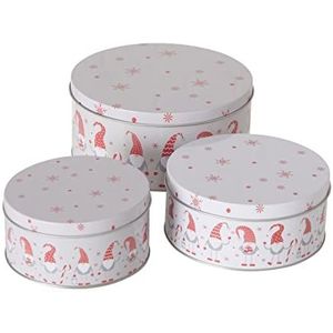 Boltze Voorraaddoos Lucky 3-delig (vorm rond, koekjesdoos, kaboutermotief, kerstblikjes, mat oppervlak, XMas, afmetingen ø 14x6 cm/ø 20x9 cm/ø 16x7 cm) 2024395
