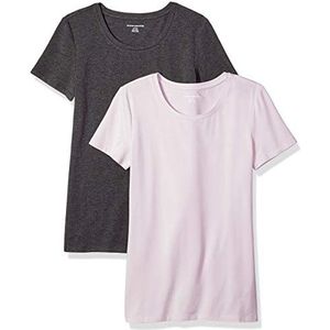 Amazon Essentials Women's T-shirt met korte mouwen en ronde hals in klassieke pasvorm, Pack of 2, Houtskoolzwart/Lichtpaars, S