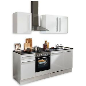 Stella Trading Jazz 8 Moderne kitchenette zonder elektrische apparaten in wit hoogglans, metallic grijs, ruime inbouwkeuken met veel opbergruimte, houtmateriaal, 220 x 211 x 60 cm