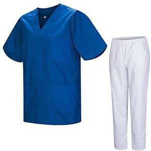 MISEMIYA - Gezondheidsuniform, uniseks, medische gezondheiduniformen met witte broek, 817-8312-wit, blauw 37, XS