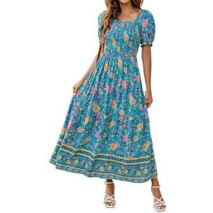ZESICA Lange zomerjurk voor dames, boho-bloemenpatroon, vierkante hals, ruches, strandjurk, Rosa Roja, S