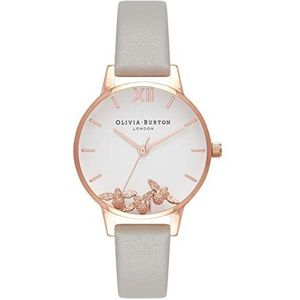 Olivia Burton Dames analoog Japans Quartz horloge met lederen band OB16CH03, Grijs/Rose Goud