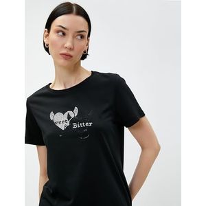 Koton Geborduurd T-shirt voor dames, modal gemengd, zwart (999), S