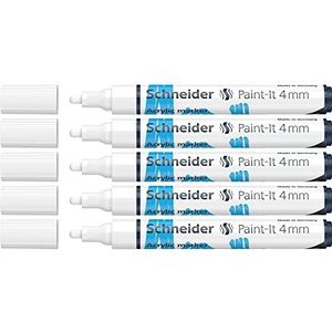 Schneider Paint-It Acrylstiften (met 4 mm ronde punt, hoogdekkende acrylverf voor hout, canvas, steen en nog veel meer.) 5-pack, wit