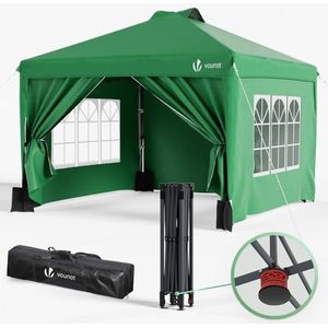VOUNOT Tuinpaviljoen, 3 x 3 m, pop-up tent, opvouwbaar, met wanden, waterdicht, uv-bescherming, ademend, in hoogte verstelbaar, met draagtas, eenvoudige installatie, groen
