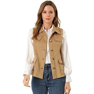 Allegra K Women's Faux Suede Vest Utility Buttoned Sleeveless Jacket with Cargo Pocket Medium Khaki